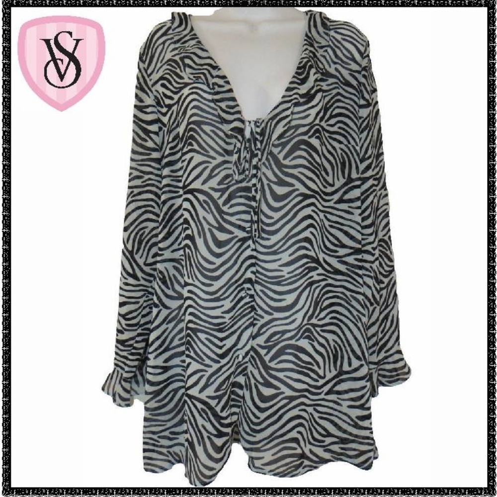 VICTORIAS SECRET Tunic L Black & White EXOTIC ZEBRA ANIMAL PRINT Sheer BLOUSE VS